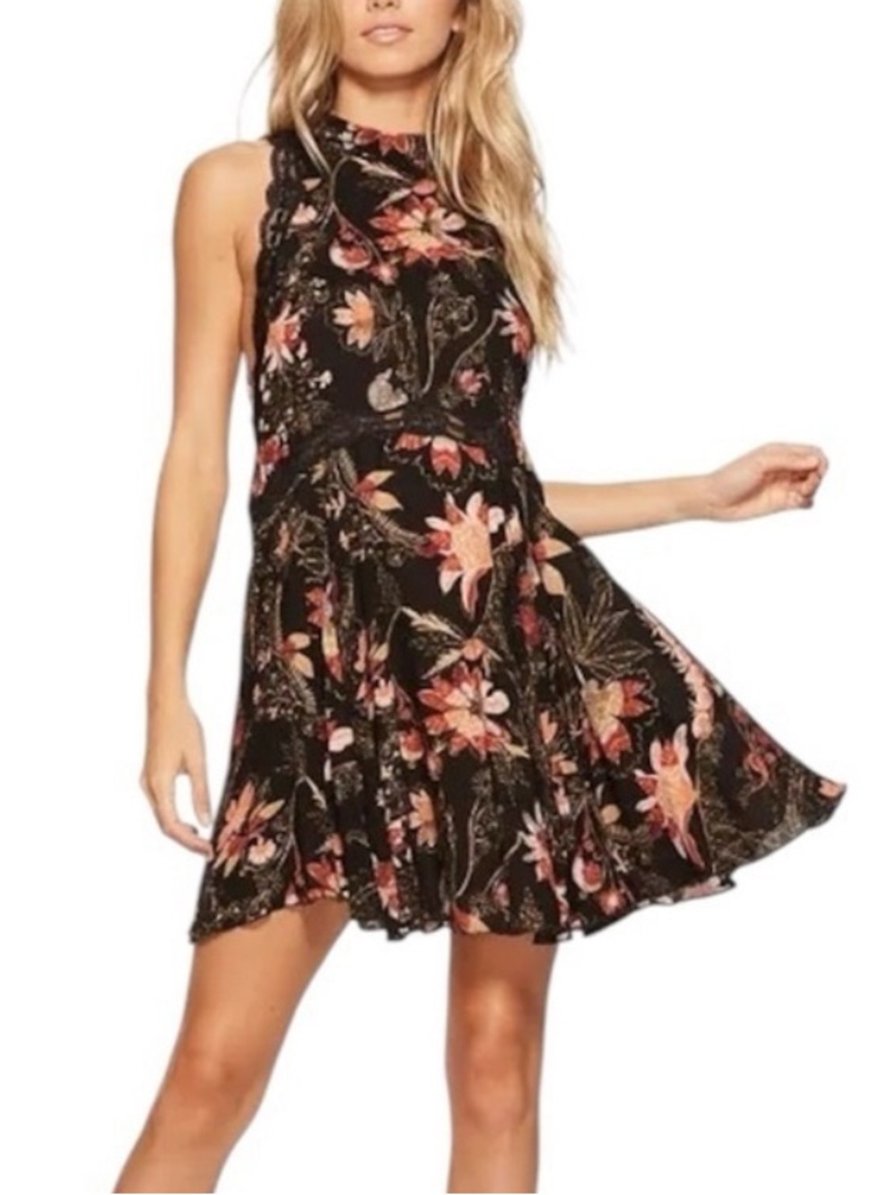 Free People Intimately She Moves Chemise Black Floral Dress Lace Trim Size M